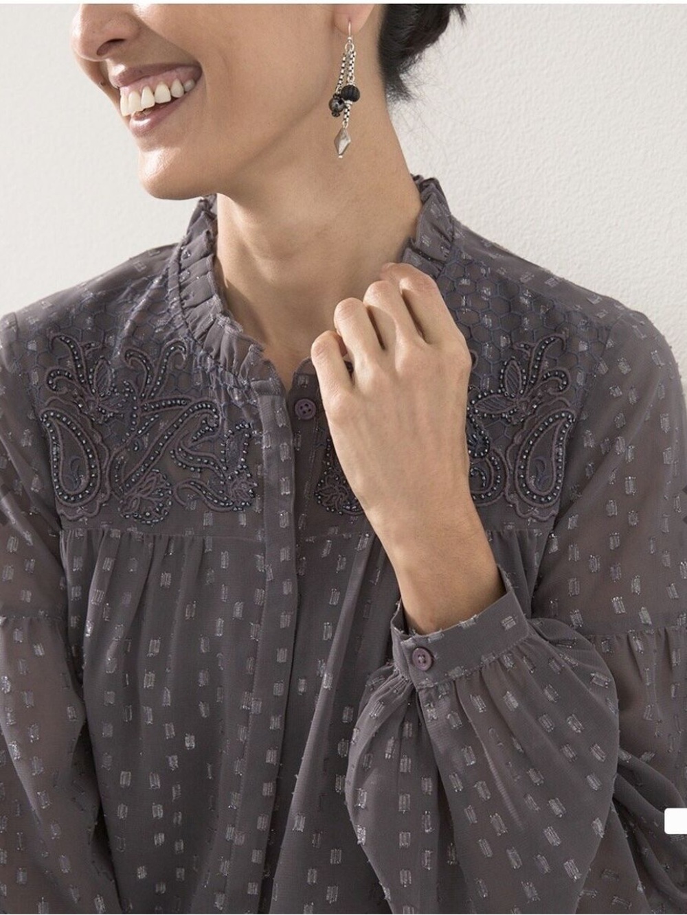 Chico's Embroidered Button-Front Blouse in Smoky Gray